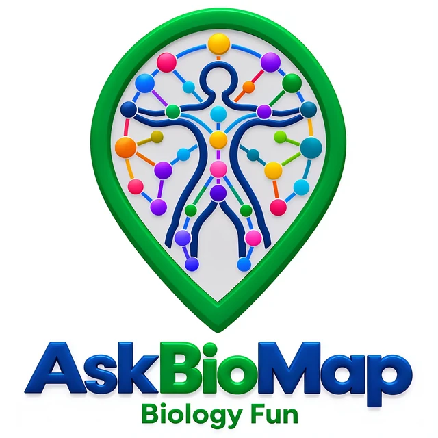 The AskBioMap logo: a map pin holding a human figure drawn as a network of linked points, above the name AskBioMap and the motto Biology Fun